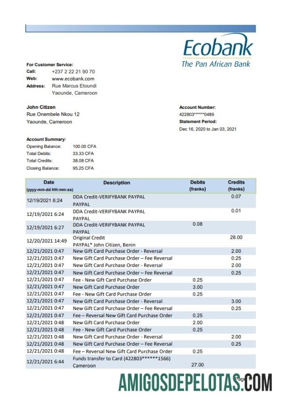 Extrato bancário do Ecobank de Camarões para download, modelo fácil de preencher em formato de arquivo .xls e .pdf